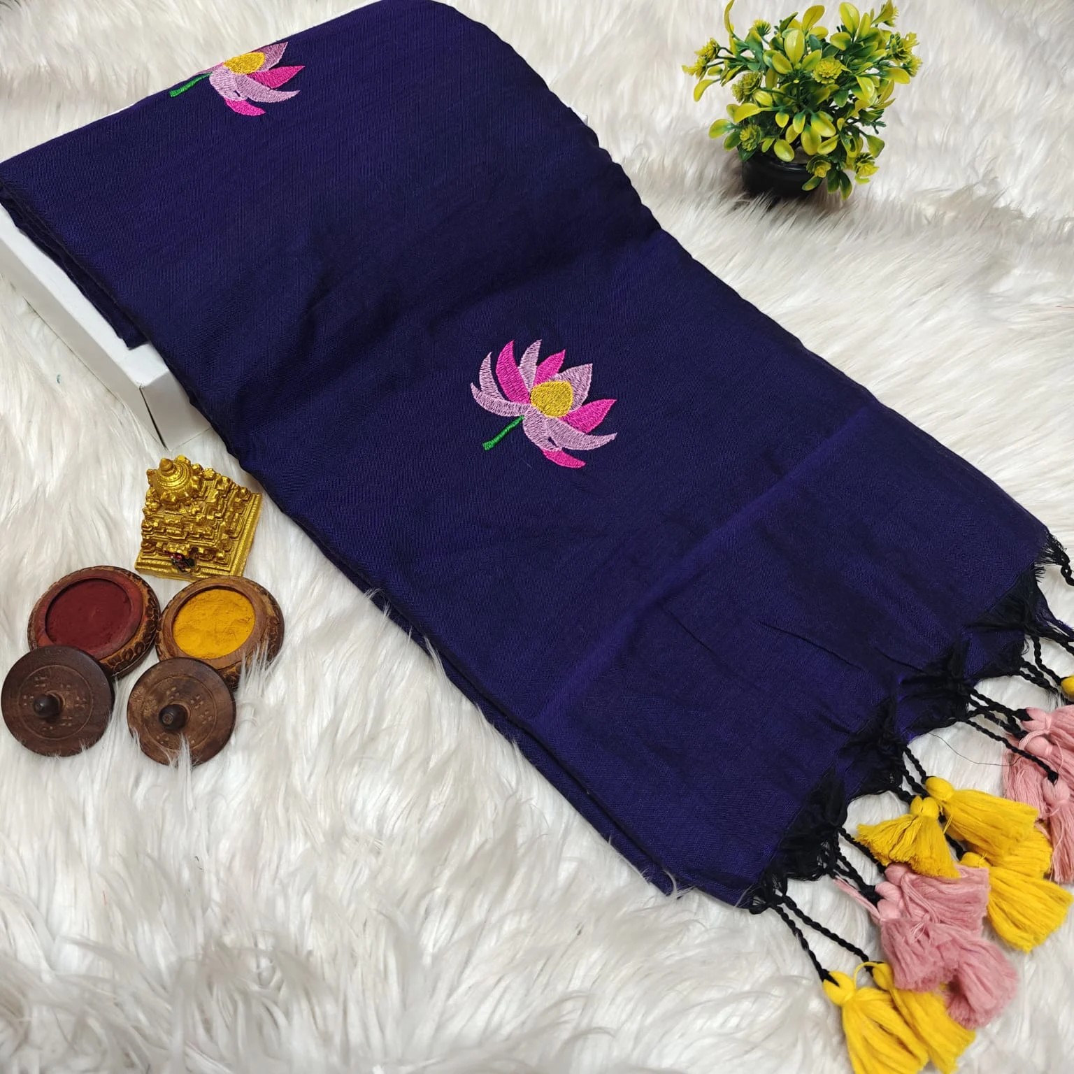 Indigo Blue with Pink, Lilac and Gold Lotus Embroidery Khadi Cotton Saree